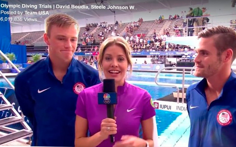 Steele Johnson e David Boudia com a repórter da cadeia televisiva ABC Steele Johnson e David Boudia com a repórter da cadeia televisiva ABC